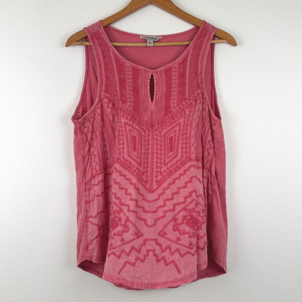 Lucky Brand Tank Top Womens Large Pink Good Embroidered Boho Sleeveless